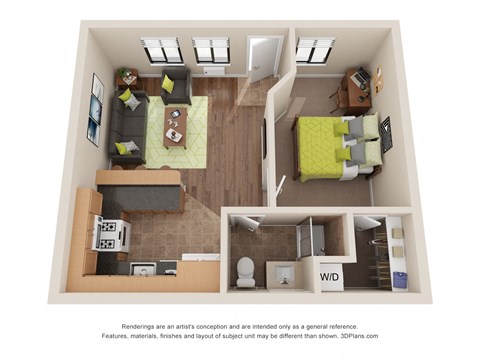 Floor plan for 1 bed, 1 bath, 460 sqft